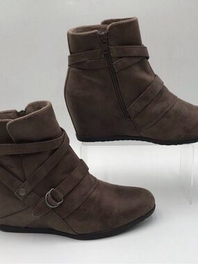BareTraps Taupe Strap Wedge Ankle Boots